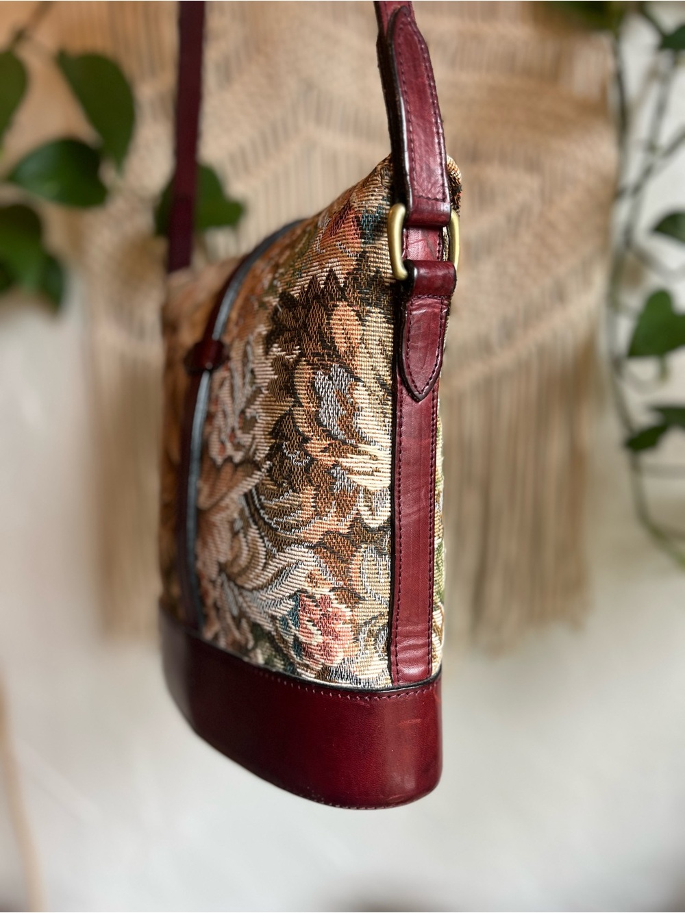 Vintage Floral Tapestry Crossbody Bag Leather Boho Cottagecore Bucket Purse - Picture 7 of 14